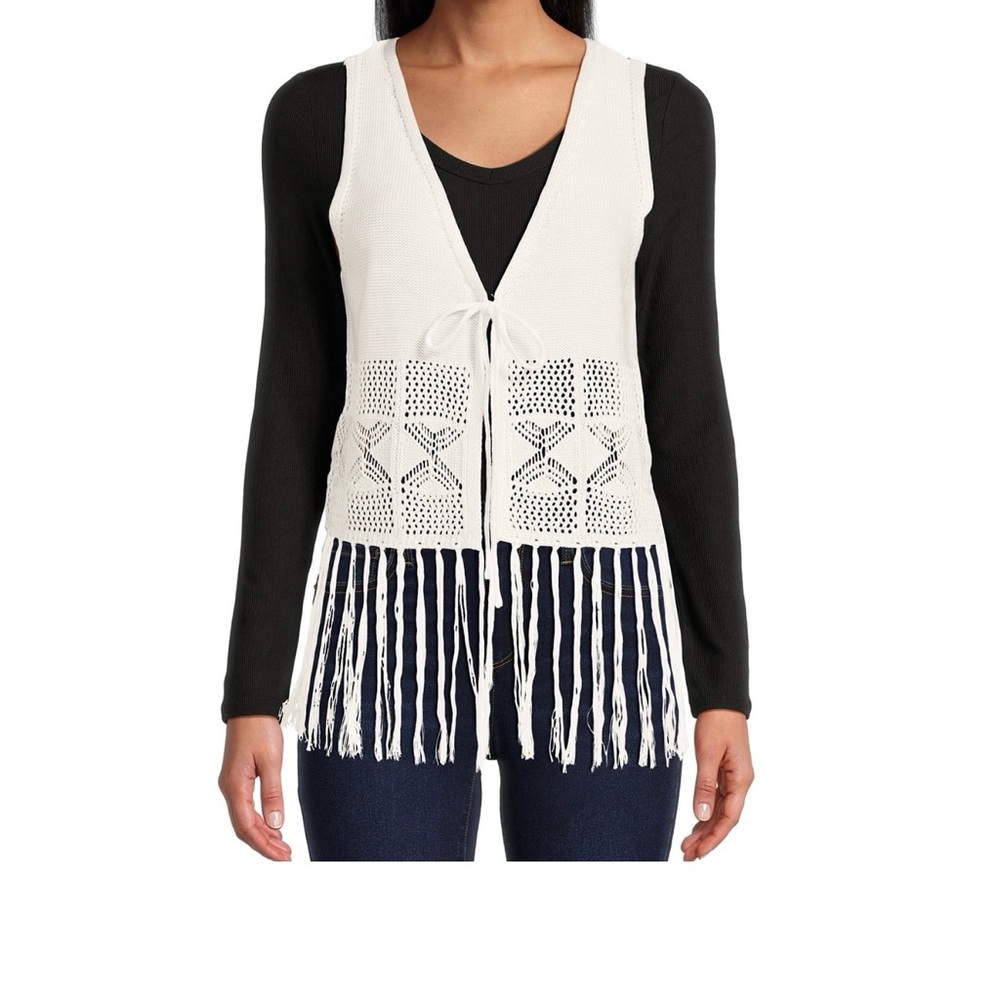 Boho White Western Style Crochet Fringe Knit Vest Junior’s Cream Size Small - Picture 1 of 10